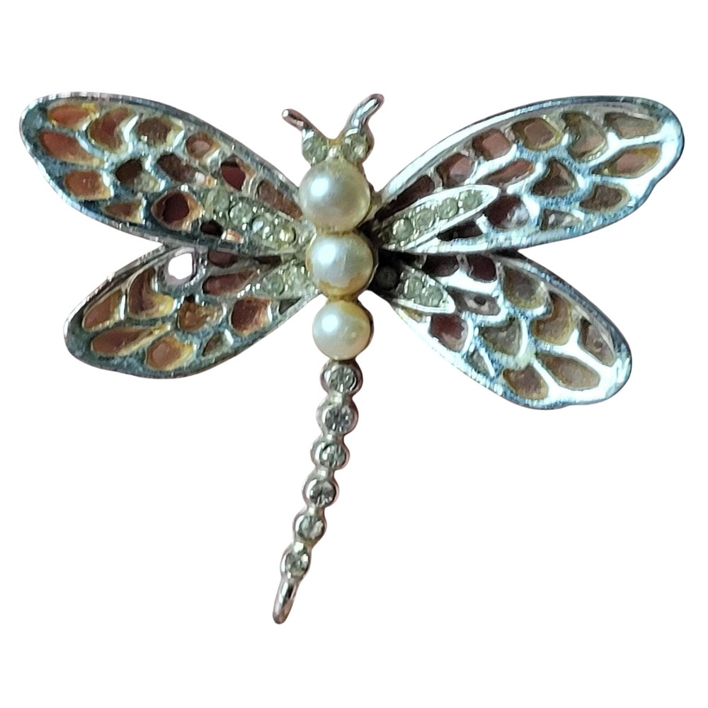 Vintage Signed Coro Dragonfly Brooch Pin - Faux Pearl, Rhinestone & Enamel Wings